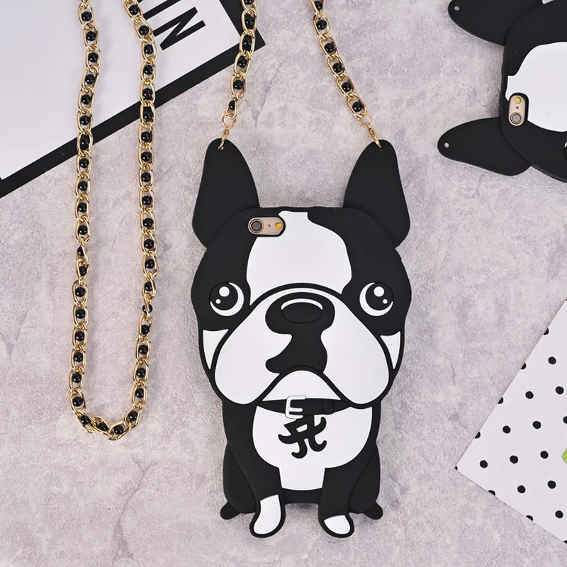 

Ritozcase 3D Dog French Bulldog soft Silicon Case cover For iPhone 7 8 Plus 6 6s Plus 5 se 5s with pearl chain Capa Funda