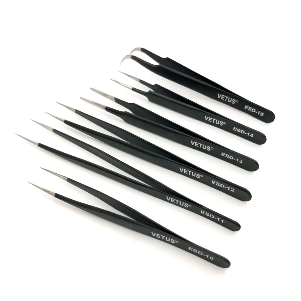 VETUS ESD Series Electro-Static Discharge Stainless Steel Tweezers Anti-static Antimagnetic Repair Process Components 1 Pcs