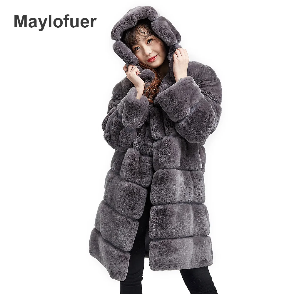 

Maylofuer High Quality Full Pelt Real Rex Rabbit Fur Coat Women Fur for Winter with Cotton Warm Coats Genuine Fur Jackets Hooded