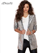 2019 Women Sequins Jacket Fashion Party Blazer Club Wear Stage Suit Silver Black Gold Red Carpet Coat eDressU HX-0616