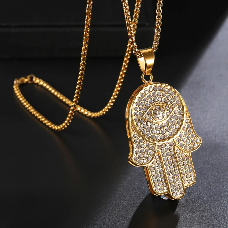 Ice Out Fatima Hand Necklace Men Women Gold Color 316L Stainless Steel ...