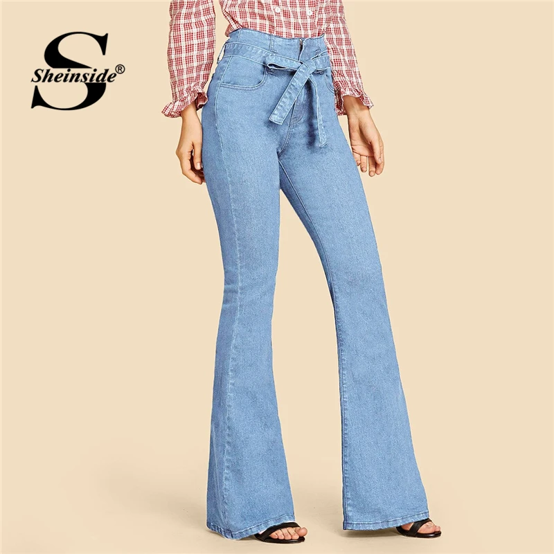 Sheinside Blue Vintage Flare Leg Jeans Women 2019 Spring High Waist Belted Denim Pants Ladies Solid Stretchy Zip Up Trousers