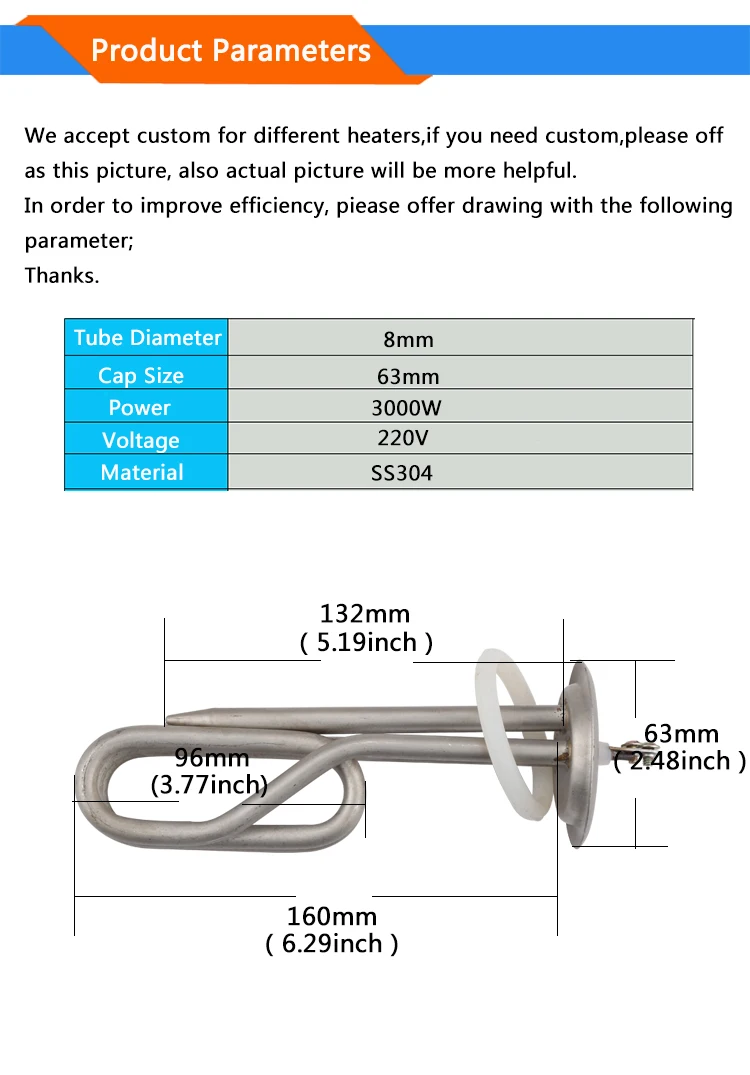 63 мм 220 в 3000 Вт Электрический водонагреватель части трубки нагревательный элемент котел нержавеющая сталь нагреватель части