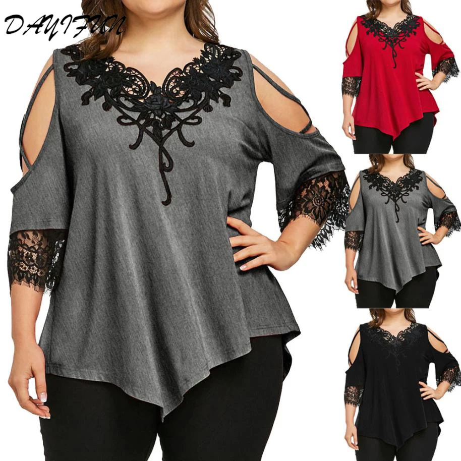 

DAYIFUN t shirt Women Lace Strapless T-Shirt Short Sleeve Tops Tees Ladies plus size mujer Oversized tops Camiseta Feminina C138