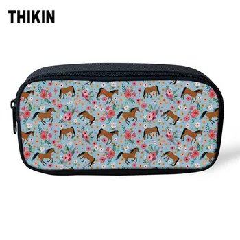 

THIKIN Cosmetic Bag Children Pencil Case Cartoon Flowers Horse Printed Makeup Bag Organizer for Girls Capacity Toiletry Pen Bag
