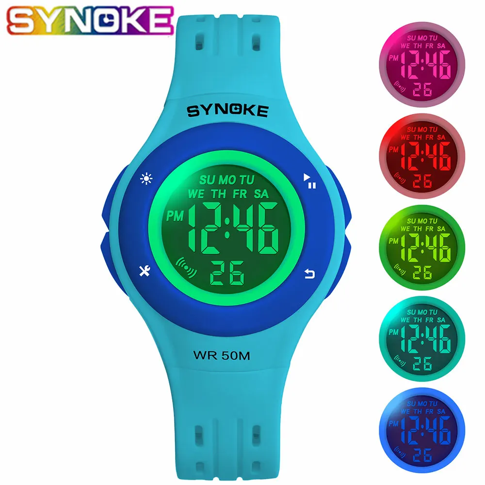 

SYNOKE Kid watches Sports Multi Function Waterproof Chronograph Children Wrist Watch 7 Lights Colorful Luminous for Boys Girls
