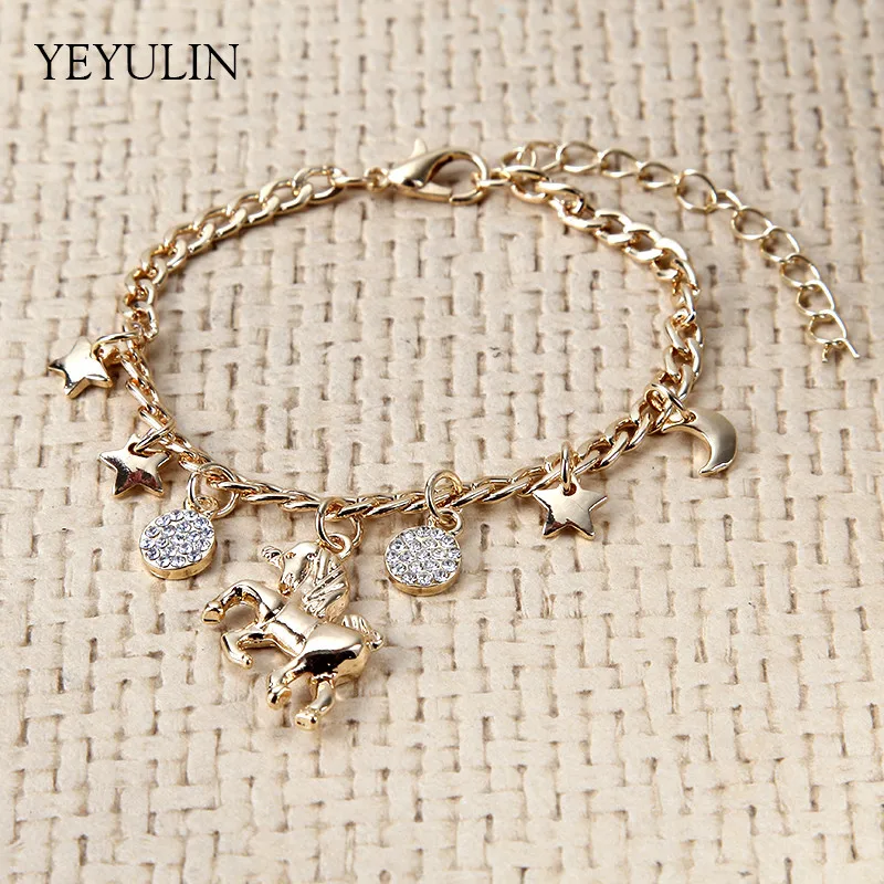 

High Grade Unicorn Horse Star Moon Gold Silver Color Alloy Pendant Bracelet For Women Girl Bangles Jewelry
