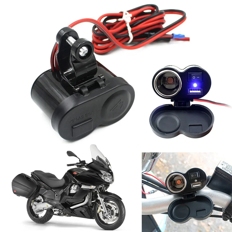 

12V - 24V Motorcycle Waterproof USB Cigarette Lighter Charger LED Blue Light Indicator Power Port Outlet Socket