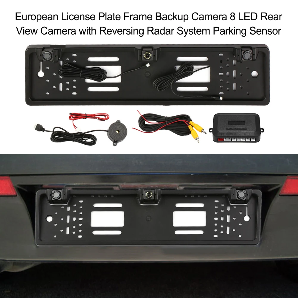 

European License Plate Frame Backup Camera 12 LED Rear View Camera with Reversing Radar System Parking Sensor Car Accessories