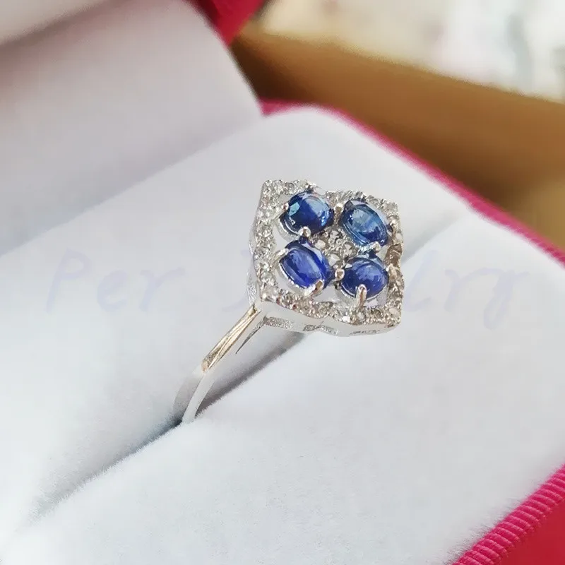 Натуральный настоящий синий сапфир кольцо 0.35ct* 4 шт. драгоценный камень Серебро 925 пробы цветочный стиль ювелирные изделия T193801