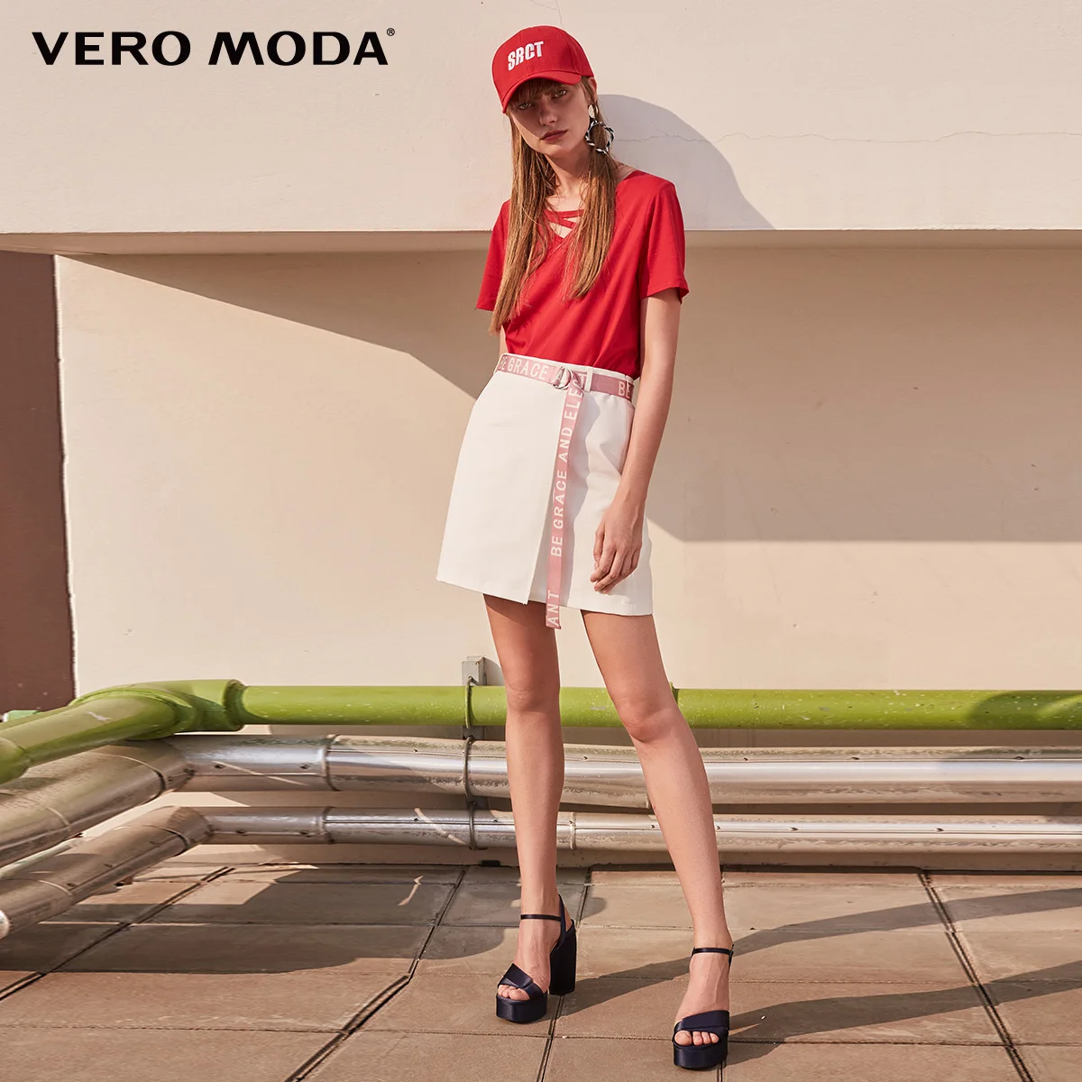 Vero Moda футболка женская хлопок чистый цвет воротник Декоративная полоса Повседневная футболка с коротким рукавом | 318101523