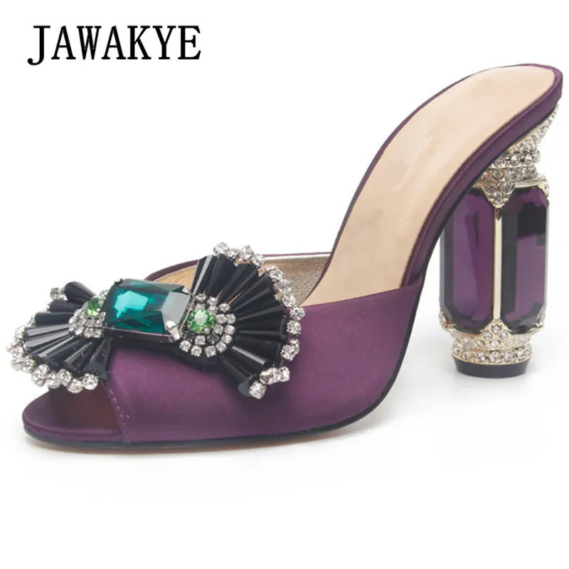 

2019 Summer Latest Design Embellished Satin Mules Customized Color Formal Party Shoes Women Crystal High Heel Slides