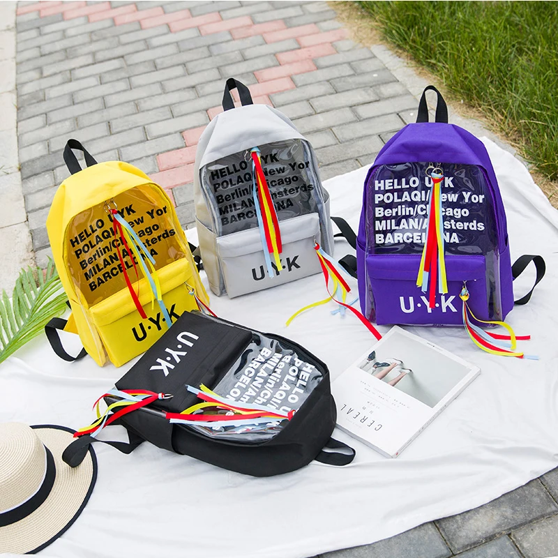 

Transparent Backpack Korean fashion Backpacks women 2019 summer jelly Bags For teenage girls Letter Notebook Bookbag Student bag