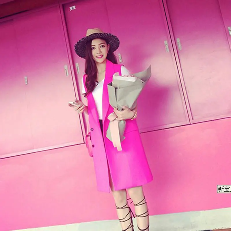 2016 New Fashion Pink Solid long Double breasted Suit Jacket Women