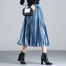 Для женщин плиссированные юбки модные платья A-образной формы с длинными юбка Высокая Талия Для женщин бархатная Юбка-миди юбки Faldas Mujer Saias