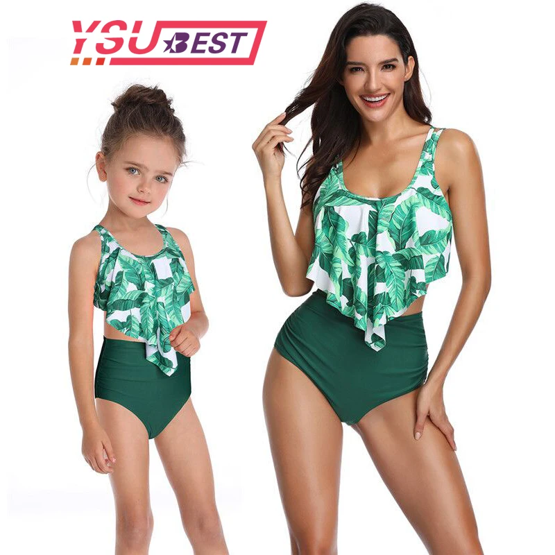

New Family Matching Swimsuit Mother Daughter Women Girls Green Summer Bodysuit Bathing Suit Swimwear High waist Ruffled Swimsuit