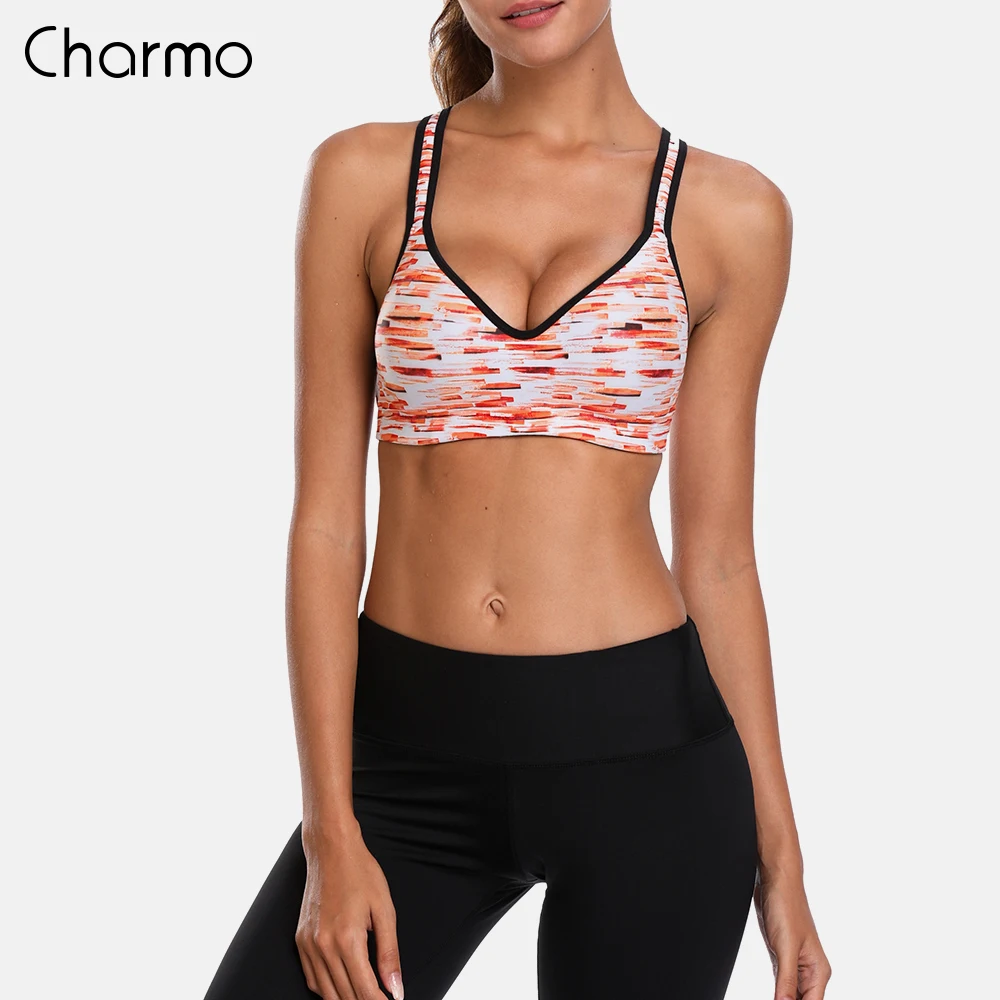 

Charmo Women Sports Bra Medium Impact Striped Print Backcross Yoga Bra Push up Running Workout Bra Underwear Fitness Sports Top