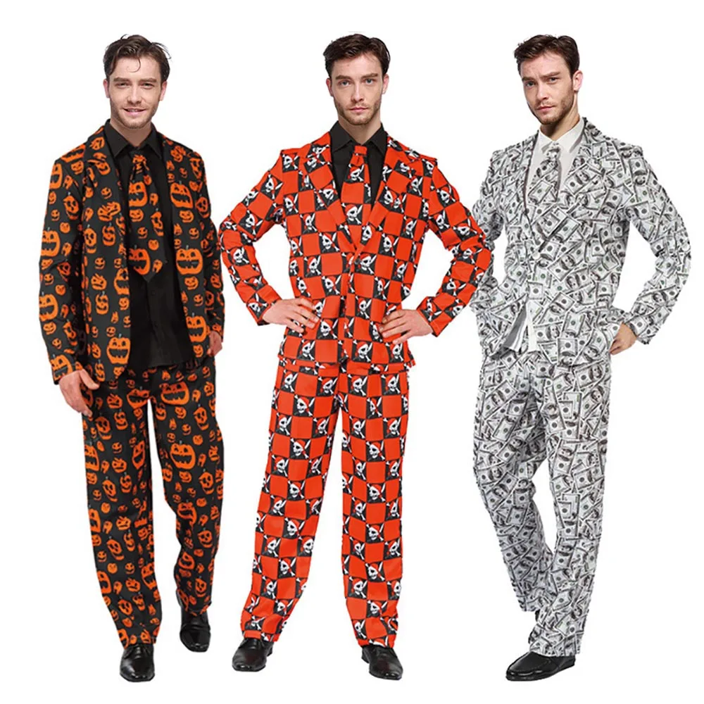 Men's Skull Suit Dollars Print Stand Out 90s Adult Sweetie Stag Night Fancy Dress Gents Suit