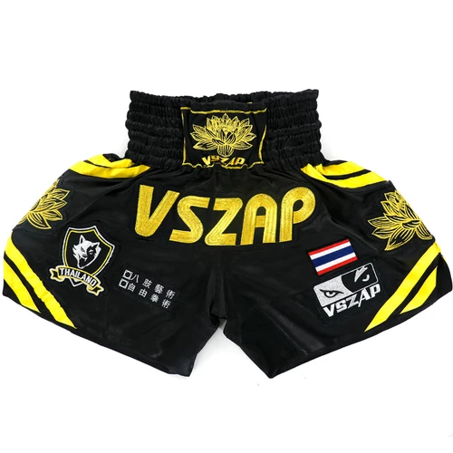 VSZAP вышивка боксерские шорты тайские боксерские шорты Лотос Тигр Бои ММА Санда мужские и женские Фитнес Тренировочные штаны S - Цвет: Черный