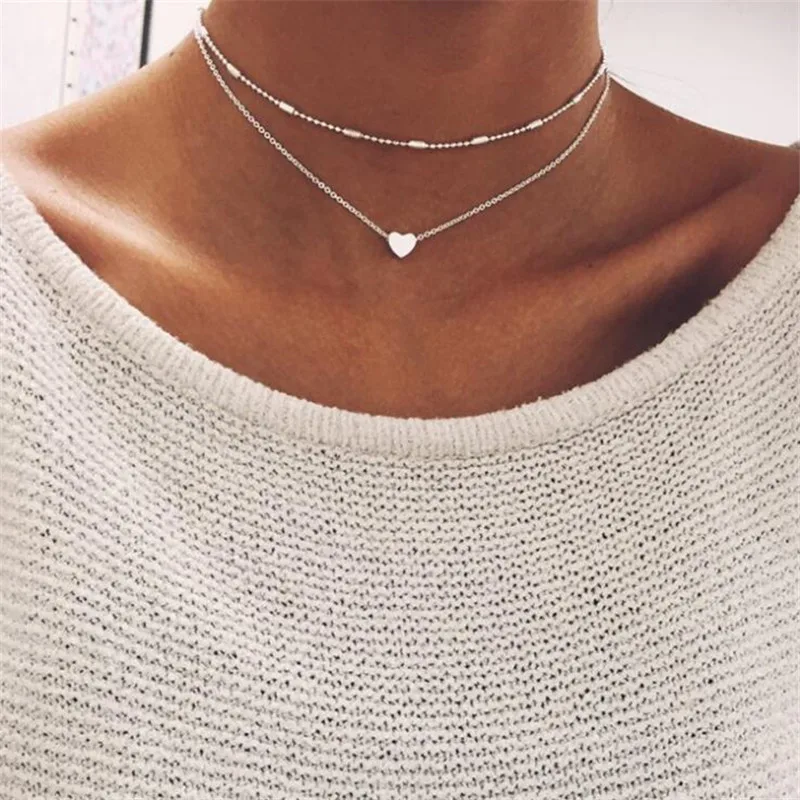 

Fashion Multi Layer Heart Choker Necklaces For Women Bohemian Silver/Gold Color Beaded Chain Collar Necklace for Women Bijoux