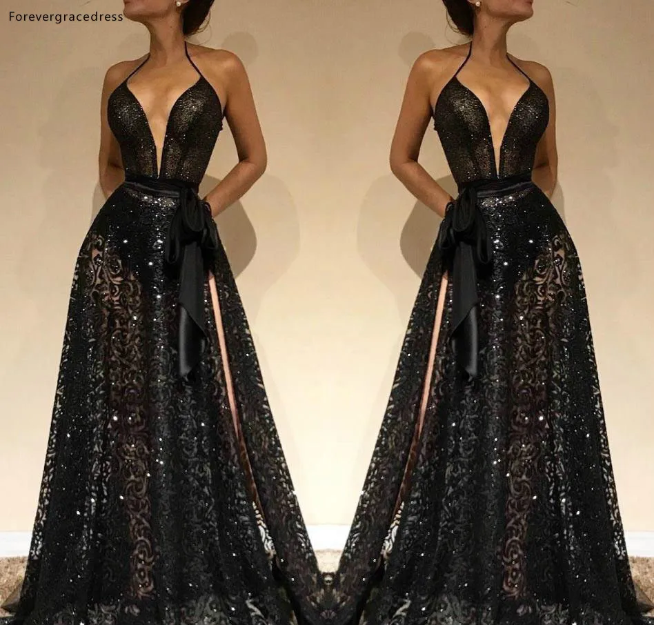 Stunning Black Lace Evening Dresses A Line Spaghetti Straps Plunging Neck Side Split Long Pageant Vestidos Prom Party Gowns  132