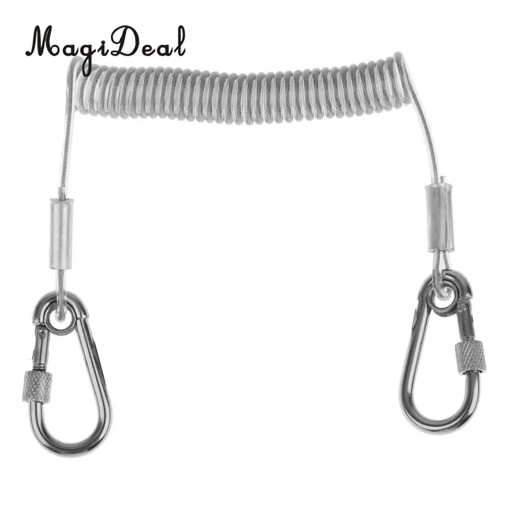 MagiDeal Durable Stainless Steel 1.6m Retractable Wire Coiled Lanyard Safety Rope With Lock Carabiners Rowing Boat Part Supplies