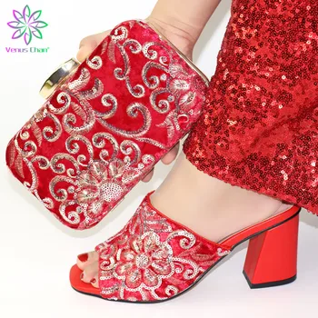 

Red Color Shoes and Bag To Match Italian African Women Matching Italian Shoe and Bag Set Decorated with Rhinestone Nigerian Shoe