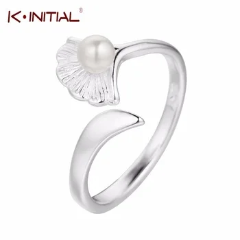 Kinitial 1Pcs Imitation Pearls Ginkgo Leaves Rings For Women High Quality Fashion 925 Sterling Silver Adjustable Ring Jewelry