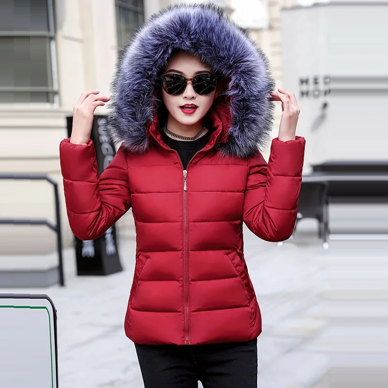 Женские зимние куртки и пальто парки для женщин 4 цвета ватные куртки теплая верхняя одежда с капюшоном большой воротник из искусственного меха - Цвет: wine red 2