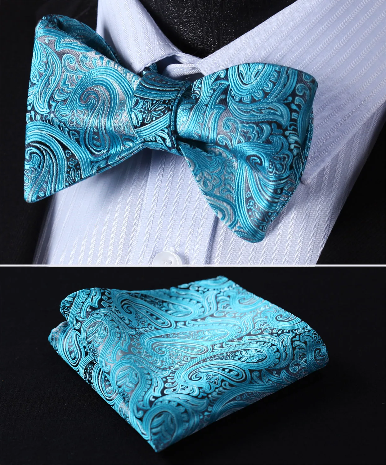100/% Silk Tie and Pocket Square Aqua Paisleys