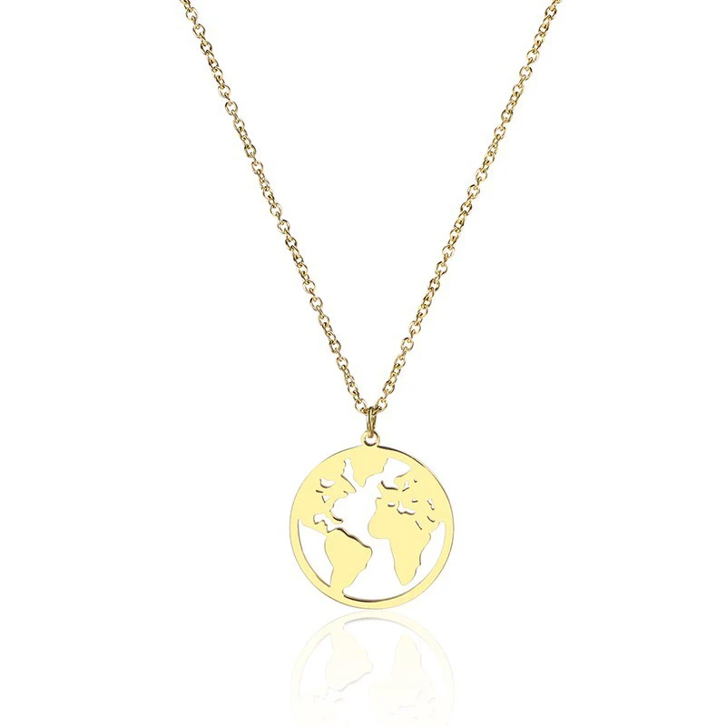 

Gold World Map Necklace Travel Earth Weltkarte Halskette Pendant Necklaces Circle Charms Laser Cut Globe Birthday Gift