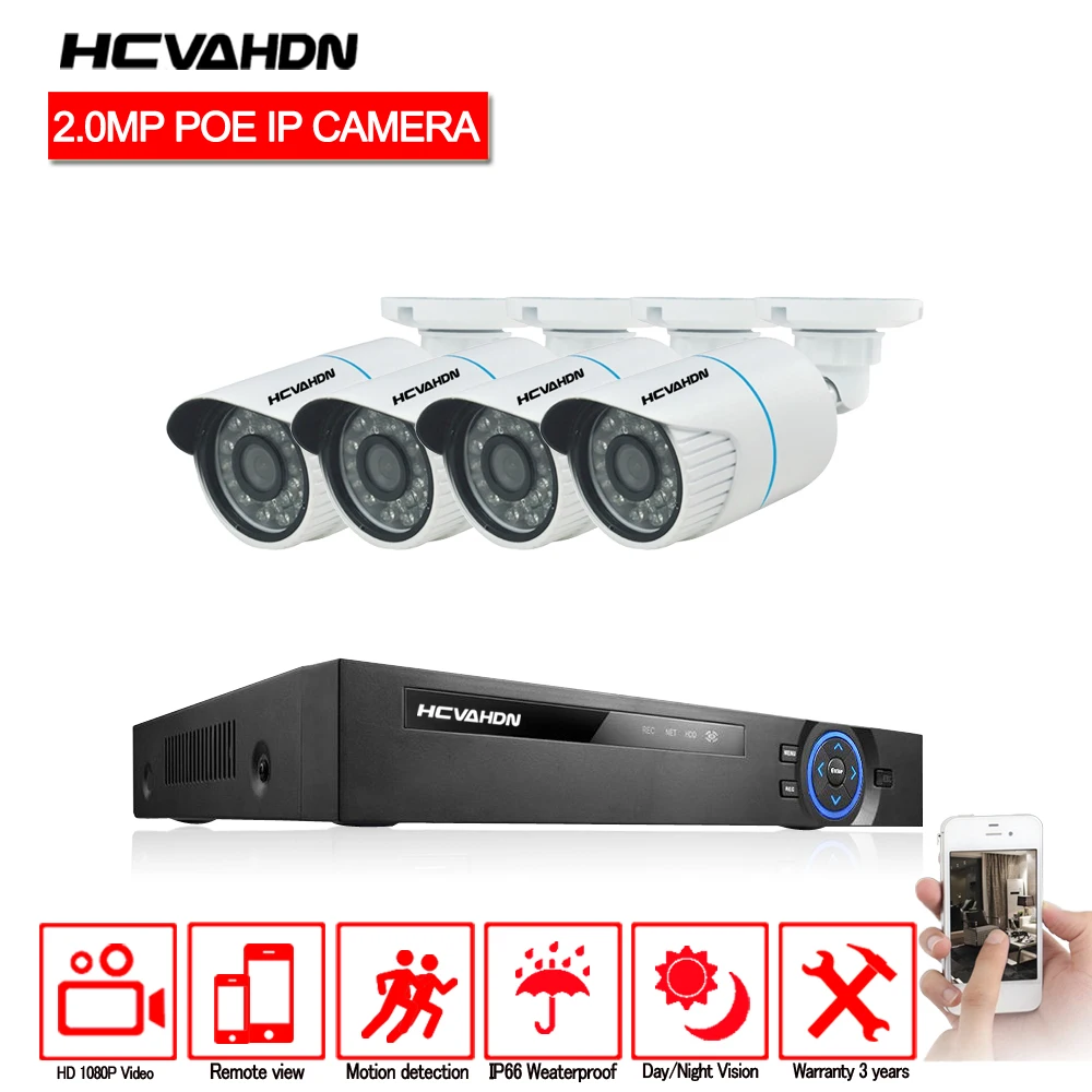 

HCVAHDN H.264 4CH 2MP POE NVR Kit Security Camera CCTV System 4PCS 2.0MP IR Outdoor IP Camera P2P Onvif Surveillance With HDD