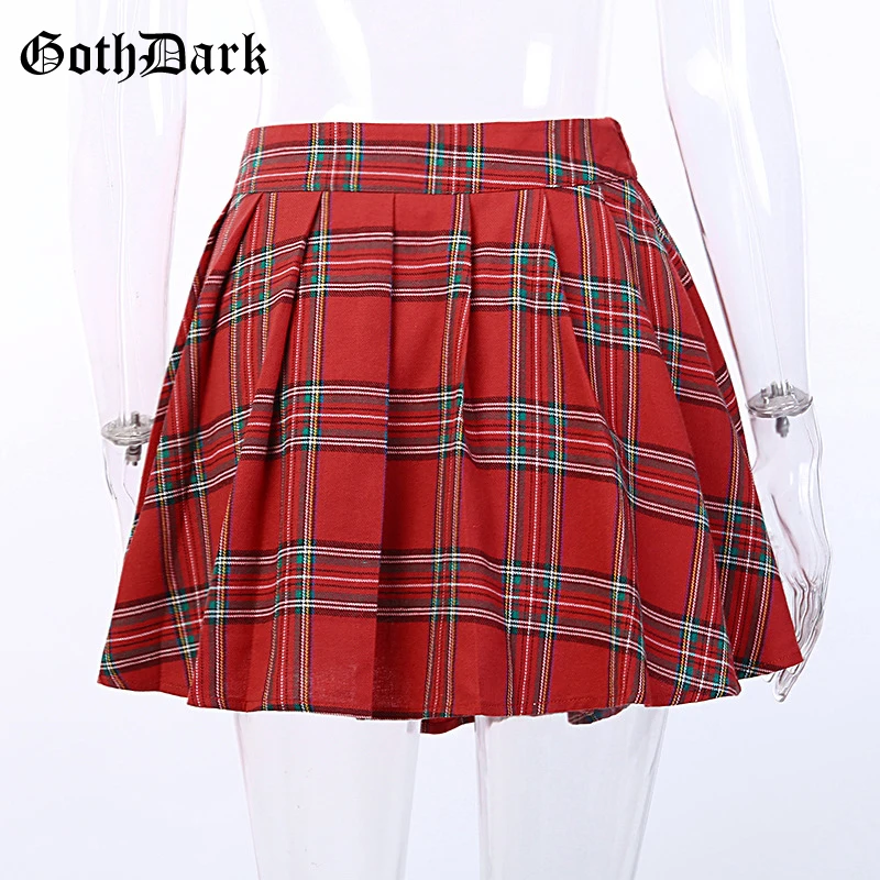 Goth Dark Red Plaid Punk Gothic Skirts Patchwork Rivet Belt Pleated Asymmetrical Belt Grunge Women's Skirt Fall2019 Fashion Sexy