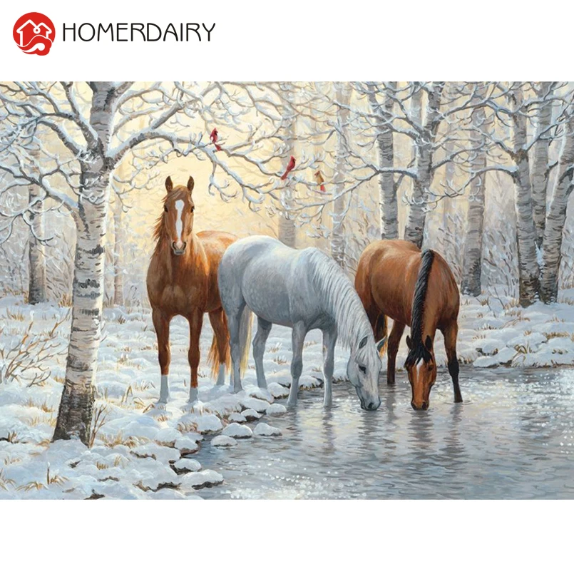 HOMERDAIRY 5D Алмазная вышивка зима снег белый коричневый лошадей алмаз живопись