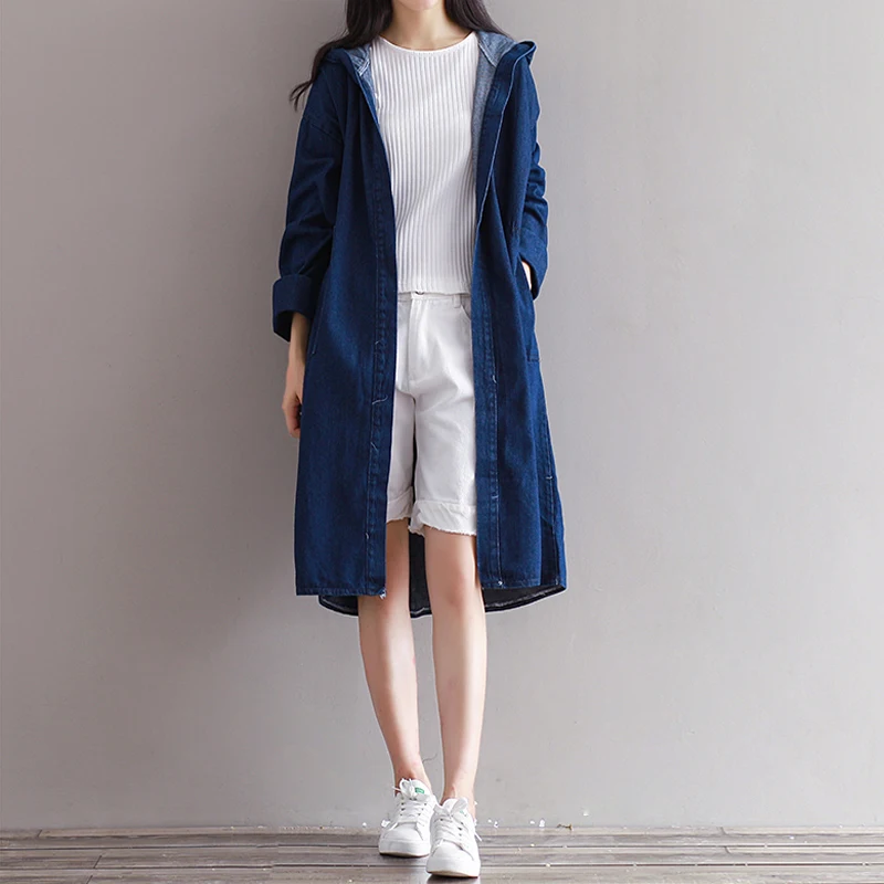 

[EWQ] 2019 Autumn New Pattern Office Lady Style Full Sleeve Solid Loose Mid Length Covered Button Hooded Collar Windbreak AF831