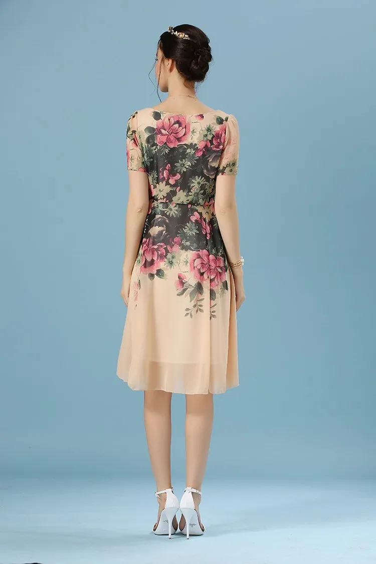 Flower Print Short Sleeve Knee Length Chiffon Dress