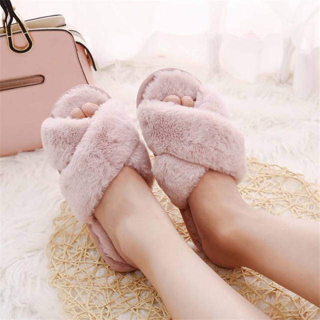 COOTELILI Winter Women Home Slippers with Faux Fur Fashion Warm Shoes Woman Slip on Flats Female Slides Black Pink Plus Size 41
