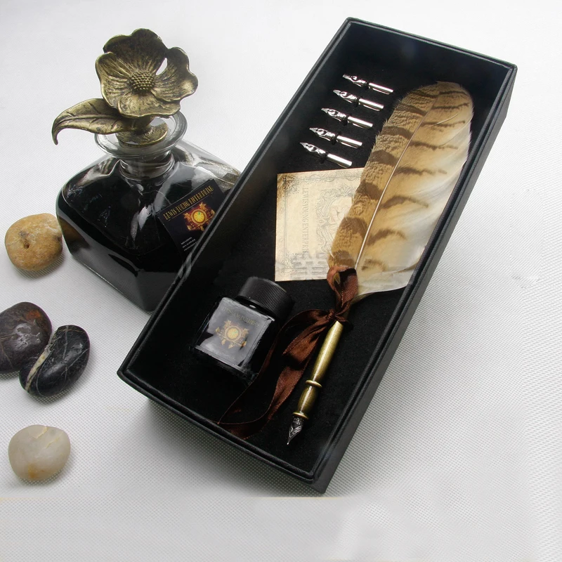 Натуральное перо Совы античный комплект перьев для письма с 1 держателем ручки 1 Подарочная коробка 1 чернила и 5 Nibs