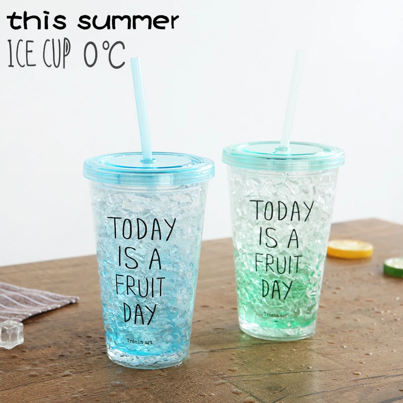 

450ML Double Wall Ice Bottle With Straw Creative Smoothie Iced Coffee Juice Water Bottle Liquid Beaker Lid Party Drinkware