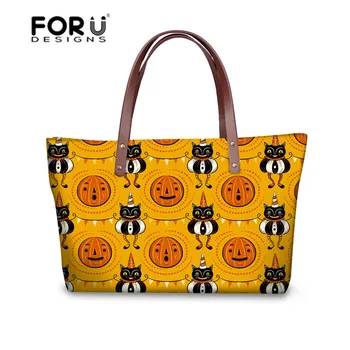 

FORUDESIGNS Women's Handbags Halloween Cats Printing Luxury Handbags Women Bags Designer Ladies Casual Tote Shoulder Bags 2018