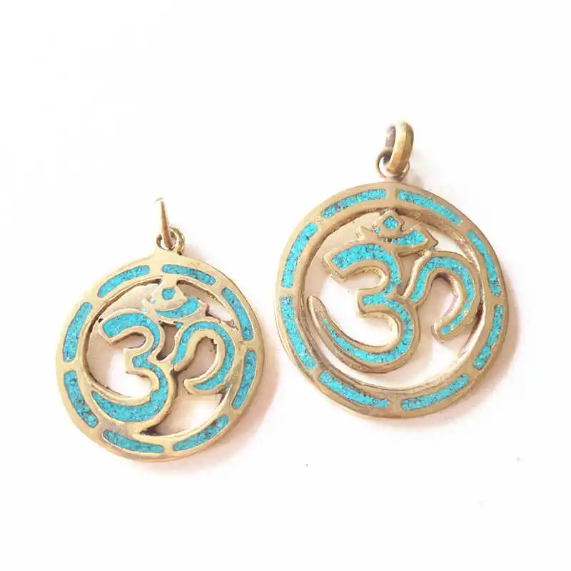 

TBP267 Tibetan Amulet Brass Inlay Turquoises OM Hollow Round Pendants