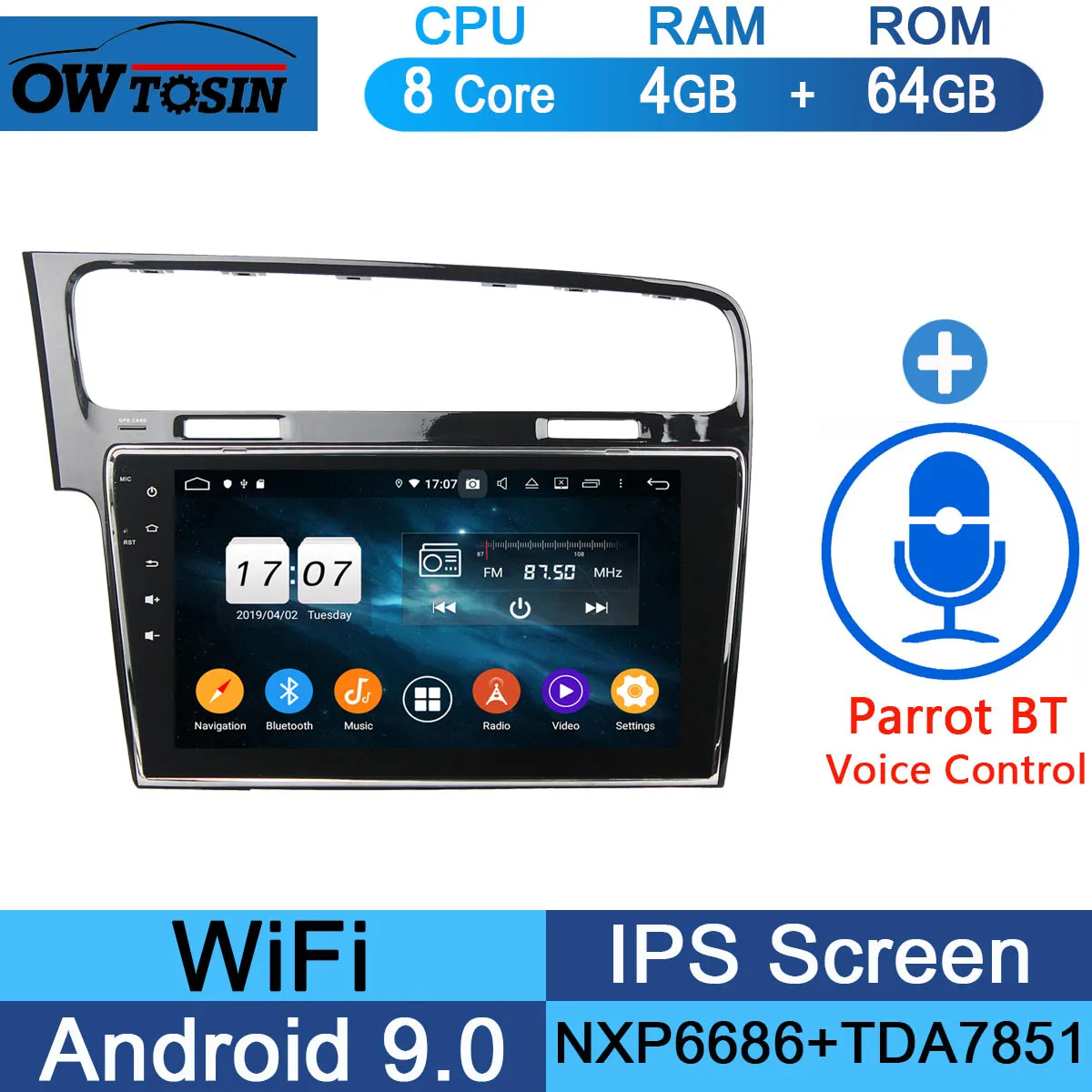 10," ips Восьмиядерный Android 9,0 4 Гб ОЗУ+ 64 Гб ПЗУ автомобильный навигационный GPS радиоприемник для Volkswagen VW Golf 7 MK7 2013- DSP CarPlay Parrot BT - Цвет: 64G Parrot BT