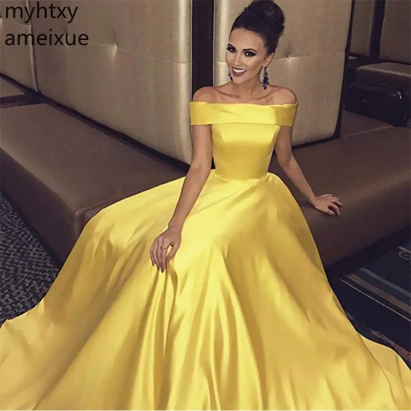 

Long Prom Dress Off The Shoulder Yellow Satin Vestido de Festa 2019 New Floor Length Formal Party Gown With Pocket Dress Elegant