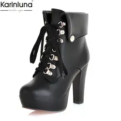 KARINLUNA/Новые поступления dropship Большие размеры 34–43 Обувь на высоком каблуке женские Зимние сапожки обувь добавить плюш на шнуровке