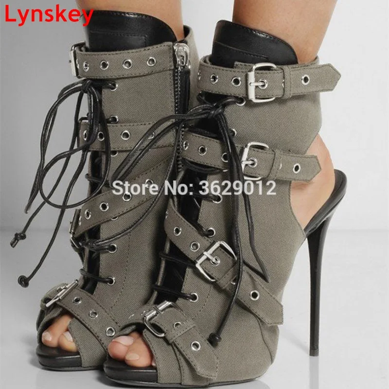 

Lynskey Summer Fashion Women Boots High Heels Buckle Straps Lace Up Short Booties Open Toe Ladies Shoes