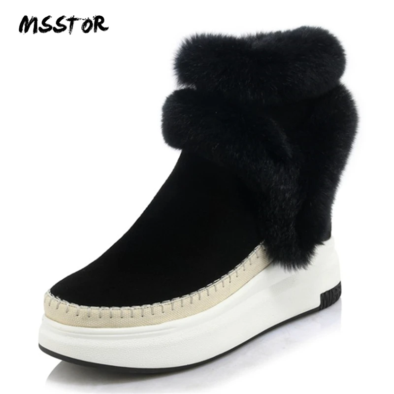 

MSSTOR Platform Fur Boots Fashion Plush Black Winter Office Zipper Casual Women Snow Boots Round Toe Cow Suede Women Ankle Boots