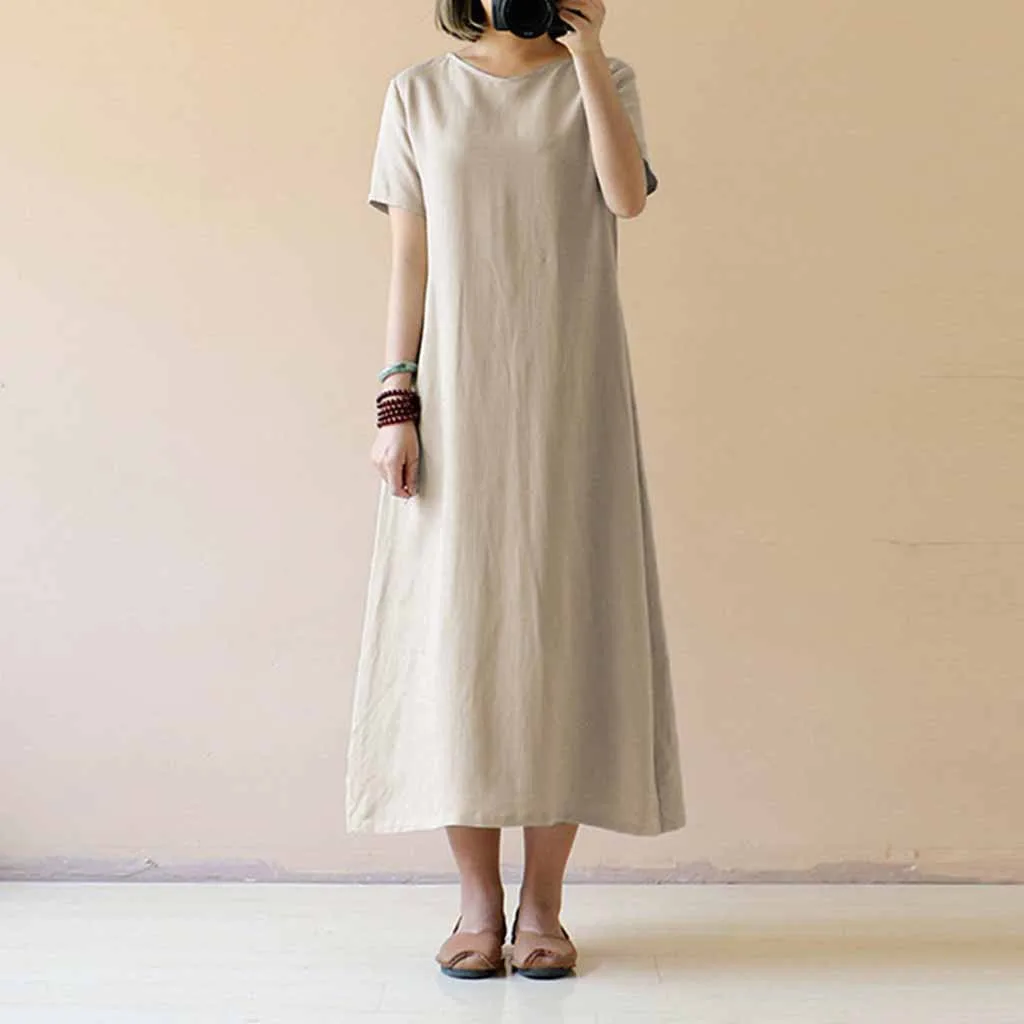 Женское свободное платье с карманами Robe de dames повседневное длинное однотонное