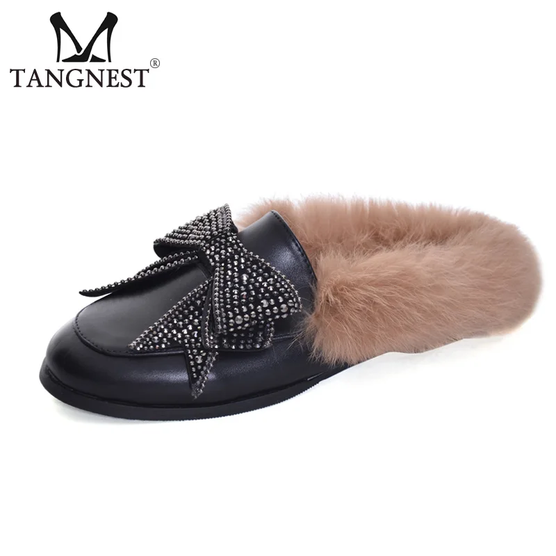 

Tangnest Luxury Brand Women's Fur Slippers Crystal Butterfly-knot Mules Split Leather Soft Bottom Flats Big Size 35~41 XWD6175