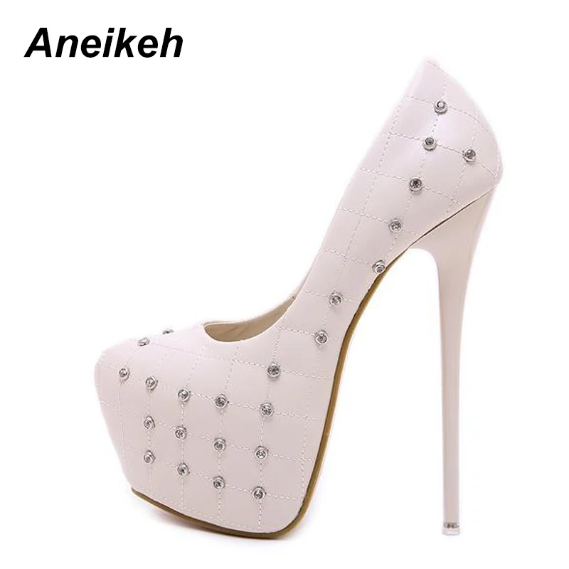 Aneikeh Spring Autumn Woman Sexy Pumps Extreme High Heels Designer Shoes Rhinestone Rivet Round Toe Platform Stiletto Shoes Aneikeh Spring Autumn Woman Sexy Pumps Extreme High Heels Designer Shoes Rhinestone Rivet Round Toe Platform Stiletto Shoes