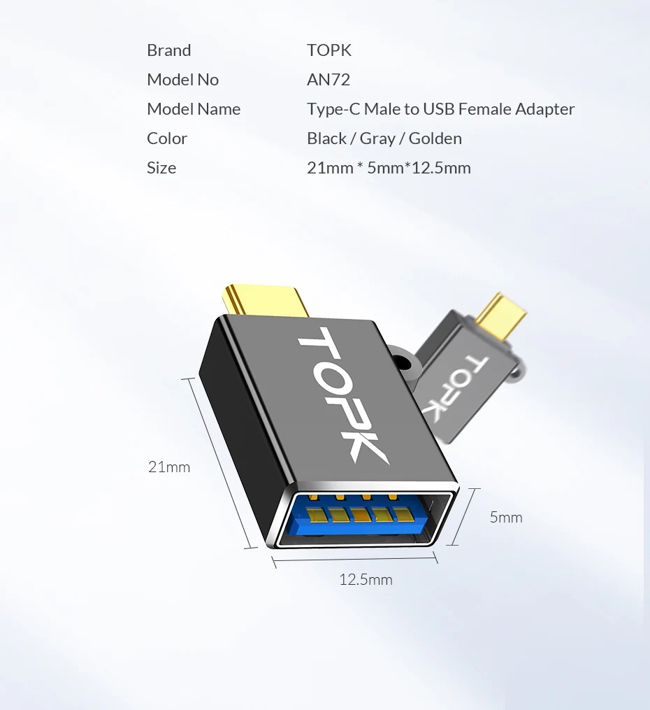 TOPK AN71 usb type C OTG штекер USB 3,0 адаптер Женский OTG кабель мини конвертер для samsung Xiaomi huawei планшет и Android и ПК
